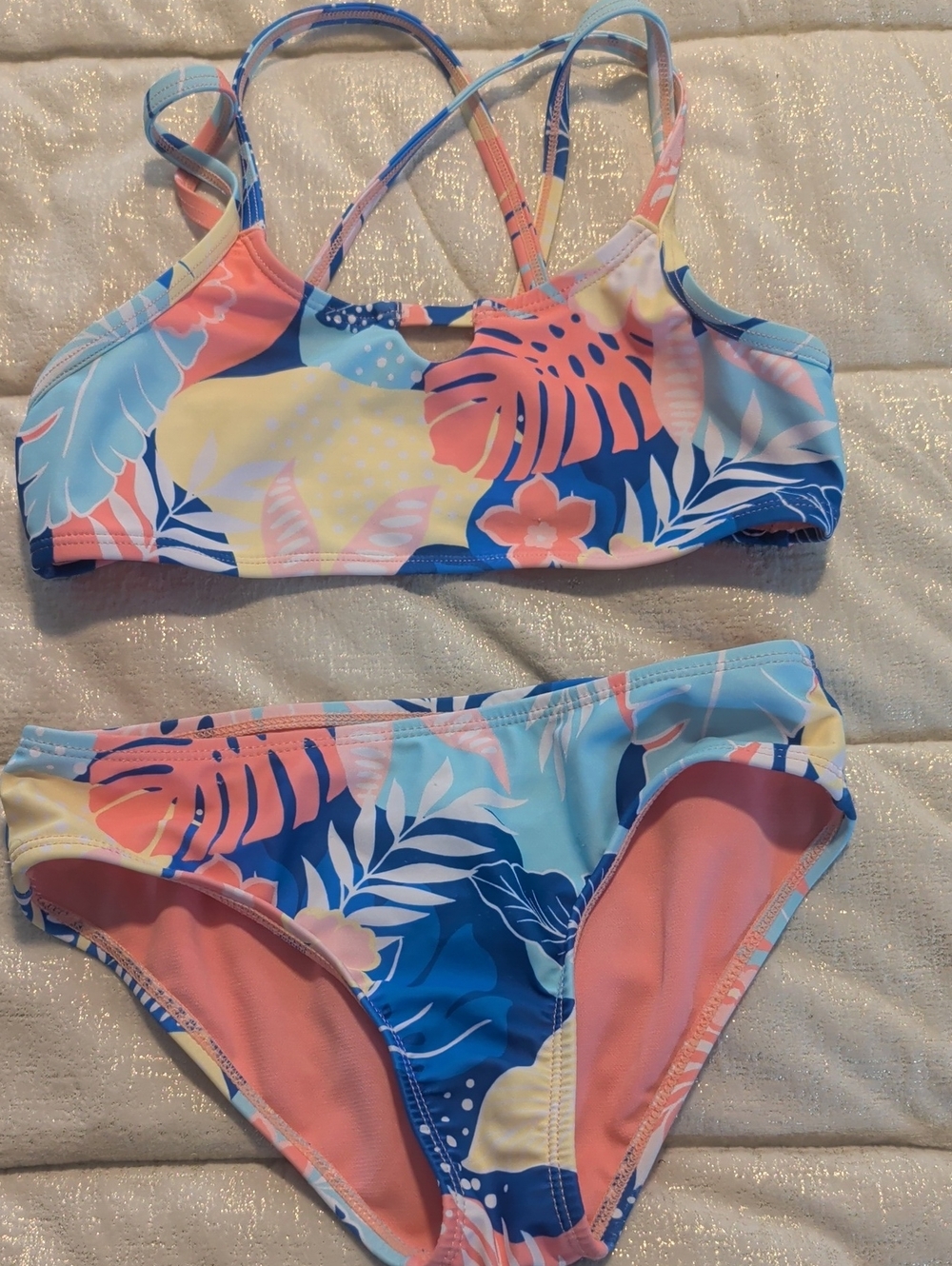 Kids Tropical Floral Two-Piece Swim Set - Blue & Pink